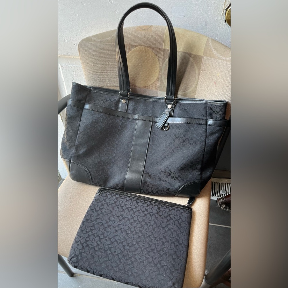 Coach Signature Black Leather Shoulder Bag Set #F77156 Baby Diaper Tote Carryall